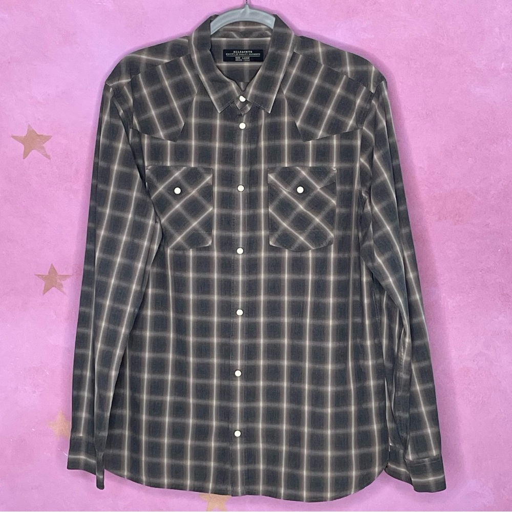 AllSaints Frontier In A Cage Brown Long Sleeve Button Down Shirt Size Large